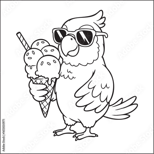 Cool Cartoon Parrot with Sunglasses and Ice Cream, Coloring Page