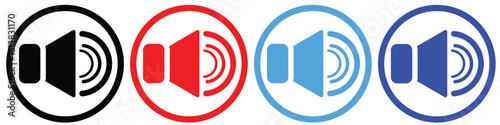 Speaker Volume Icons in Circle – Black, Red, Light Blue, and Dark Blue Sound Symbols