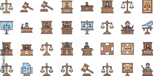 Illustration of various legal icons including judges and scales of justice