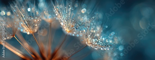 Dew-kissed dandelion seed head, vibrant colors, sparkling details