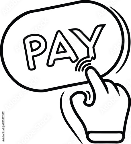 Vector art of a finger pressing a pay button signifies online payment and digital transactions isolated on white background