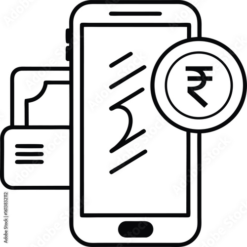 Vector art of a mobile phone displays a rupee symbol with a credit card, isolated on white background