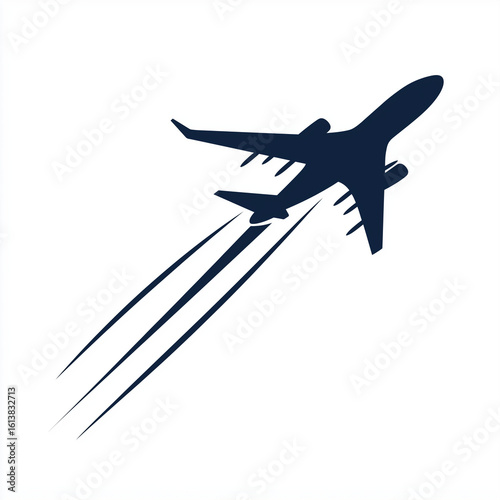 Silhouette of Passenger Airplane in Flight with Contrail Lines , Vector Icon isolated on White Background.

