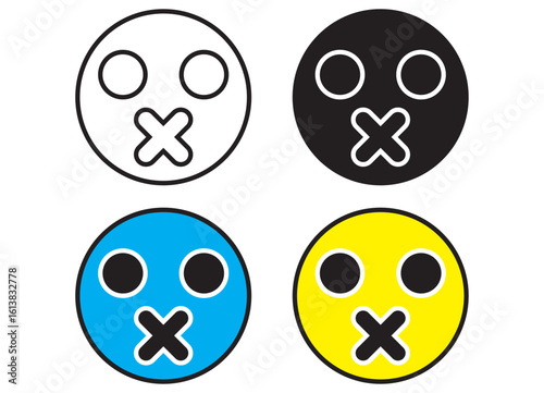 CMYK Mute Face Icons with X Mouth – Flat Minimal Expression Design

