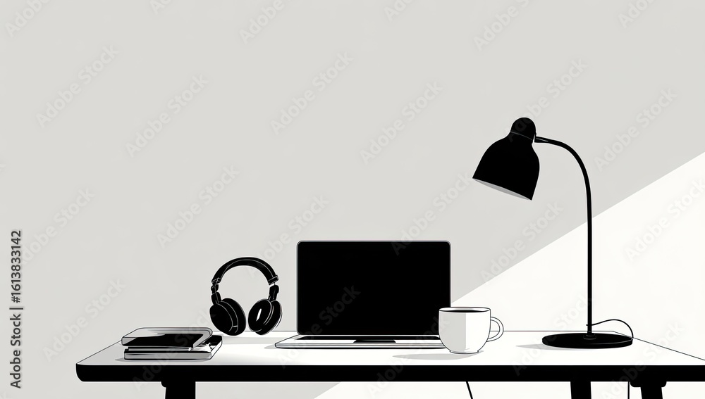 Fototapeta premium Simple black and white workspace illustration