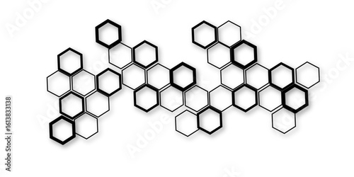 An abstract arrangement of interconnected hexagonal shapes, featuring a mix of bold black outlines and thinner black outlines, casting subtle shadows on a clean white background, 