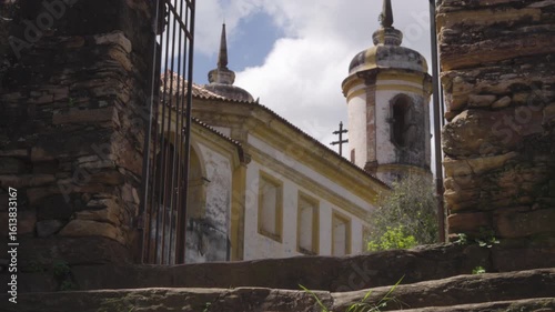 Tilt-Up of Baroque Church with Cobblestone Stairs