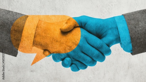 Two hands shake firmly, signifying a business partnership. The background features abstract speech bubbles, emphasizing communication and collaboration in the workplace