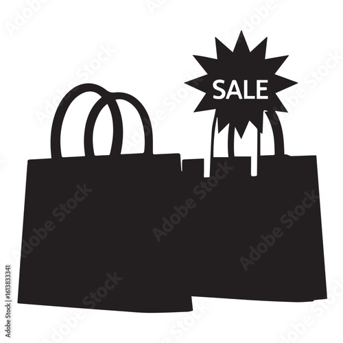 Two black shopping bags with a sale tag isolated on white background represent retail discounts and promotional offers