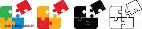 Puzzle Piece Evolution Icon – Multistage Set Showing Color, Grayscale, Black, and Outline Variations for Conceptual Problem Solving, Strategy or Process Visualization