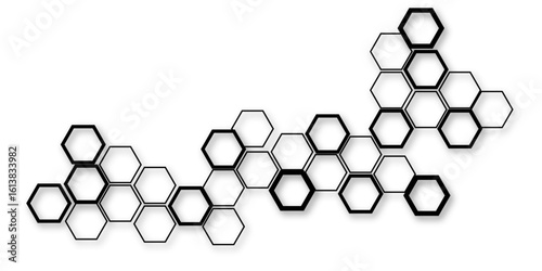 An abstract arrangement of interconnected hexagonal shapes, featuring a mix of bold black outlines and thinner black outlines, casting subtle shadows on a clean white background, 