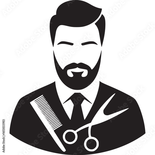 Illustration of a barber with a beard wearing a suit with comb and scissors on a white background on transparent background