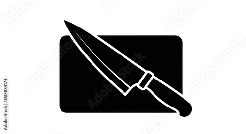 Minimalist Illustration of a Sharp Chef's Knife on a Cutting Board, Ideal for Culinary Designs and Restaurant Branding