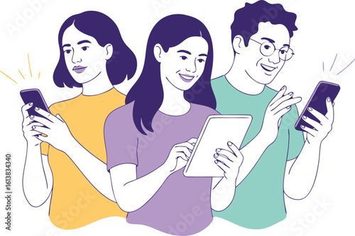 People interacting with digital devices phones tablet