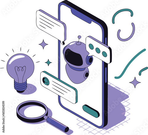 Robot chatbot conversation lightbulb magnifying glass messages phone