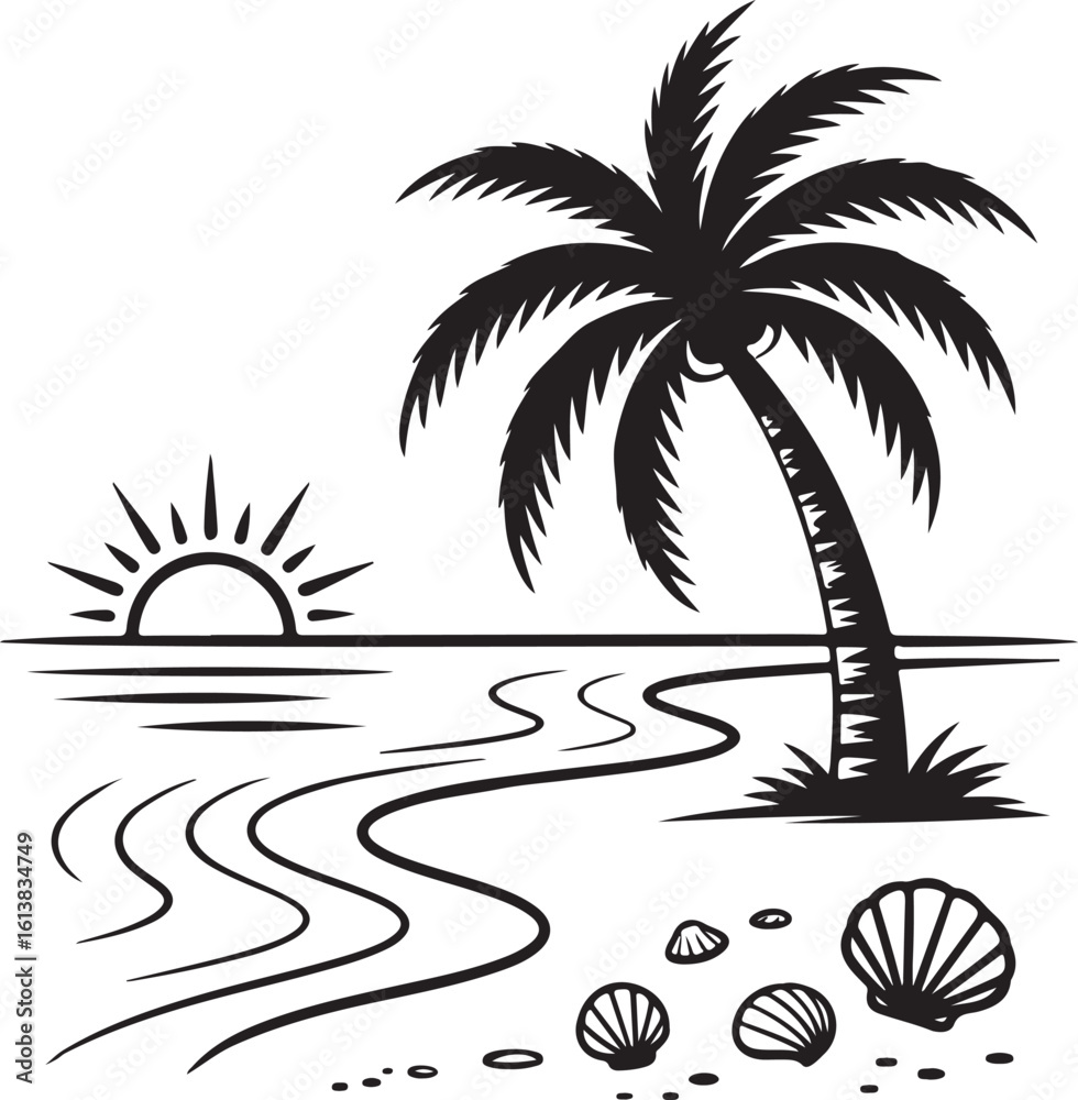 Fototapeta premium Tropical Beach Vector Line Icons – Palm Tree and Ocean Scene Illustrations