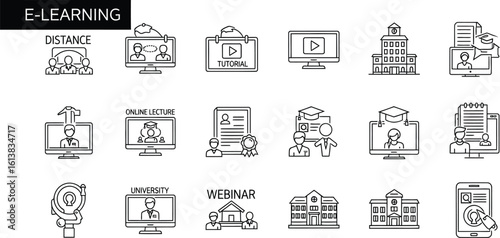Illustration icons depicting e learning distance education and webinars