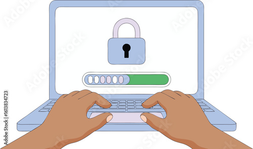 Person typing on laptop with security lock and progress bar hands keyboard