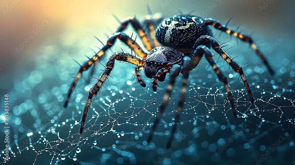 Fototapeta premium Eerie and Delicate Spider Web Glistening in Vibrant Mystical Trap
