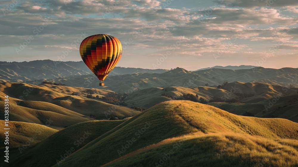 Hot air balloon soaring over verdant hillside with lush green grass and rolling hills beneath cloudless blue sky Hot air balloon soaring over verdant hillside with lush green grass and rolling hills beneath cloudless blue sky