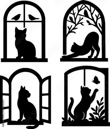 Cat silhouette window art laser cut design vector graphics and illustrations