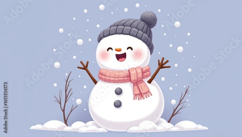 Adorable Cartoon Snowman in Kawaii Style with Scarf and Wool Hat