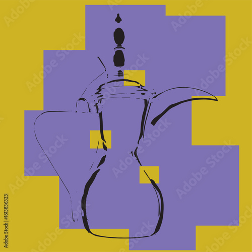Design of a Saudi coffee pot with black lines and a yellow and purple background