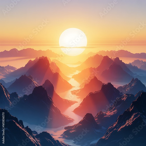 Sunlit mountain range with winding river at dawn landscape