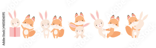 Pretty Little Bunny and Fox Cub Playing Together as Best Friends Vector Set