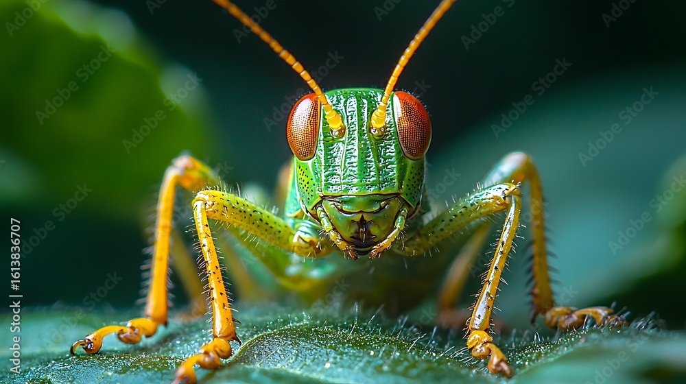 Fototapeta premium Vibrant grasshopper poised and ready to jump in a low key portrait