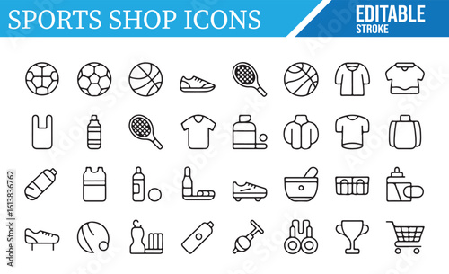 A collection of editable stroke icons representing various sports shop items, including balls, shoes, jerseys, trophies, and bottles, perfect for sports retail, e-commerce, and fitness design projects