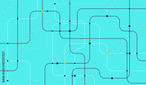 Stylized metro map with colorful curved lines and dots on cyan background, perfect for infographic, transit, or smart city design themes.