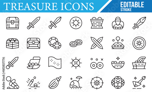 A collection of editable stroke icons representing treasure hunting and pirate themes, including treasure chests, swords, maps, compasses, and gemstones, perfect for adventure, mystery, and exploratio