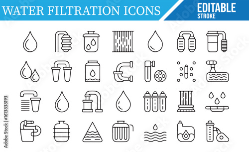 Editable Icons for Water Filtration Stages, Pipes, and Purification