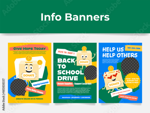 Bright banners illustrating fundraising campaigns for school needs, food and shelters, distinguished by an attractive design and clear calls to action.