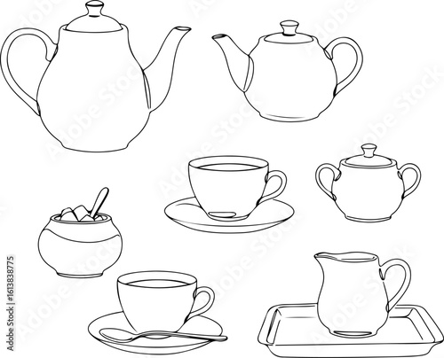 Elegant hand drawn sketch of a classic tea set featuring teapots cups saucers sugar bowl and creamer