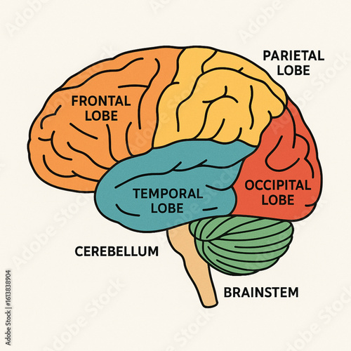 Color-coded vector diagram of the human brain, clearly labeling major regions including lobes, cerebellum, and brainstem for anatomy, education, and medical use.