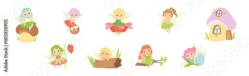 Cute Fairy Character in Pretty Dress with Wings Vector Set