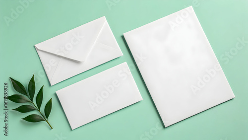 White blank paper sheet, envelope, and business card mockup with green leaf on mint background, top view for branding and stationery design