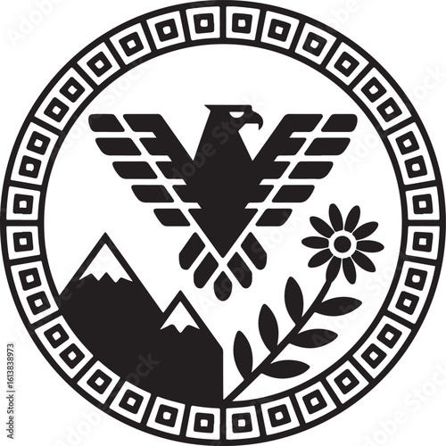 Andean Condor with Mountain and Flower Symbol Vector Graphic Illustration