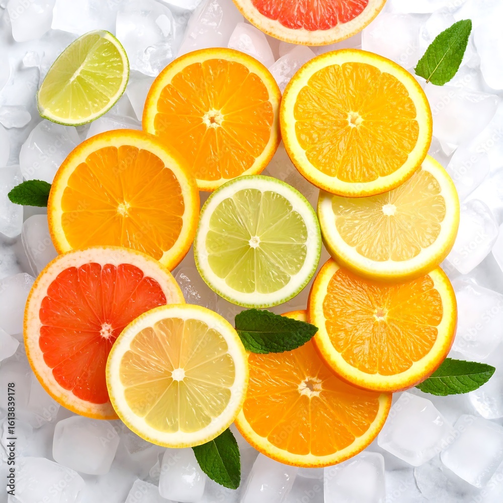 Fototapeta premium Assortment of citrus fruit slices on ice cubes