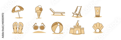 Set of sandy vector icons depicting beach day activities  