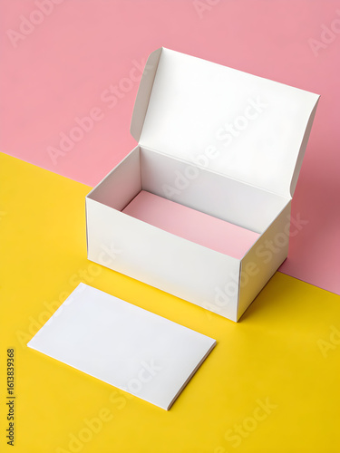 Open white cardboard gift box with pink interior and blank business card on yellow and pink background