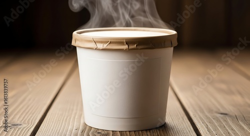 Fototapeta Naklejka Na Ścianę i Meble -  A steaming hot meal in a white disposable takeaway container with a paper lid on a rustic wooden table. Perfect for soup or warm food delivery.