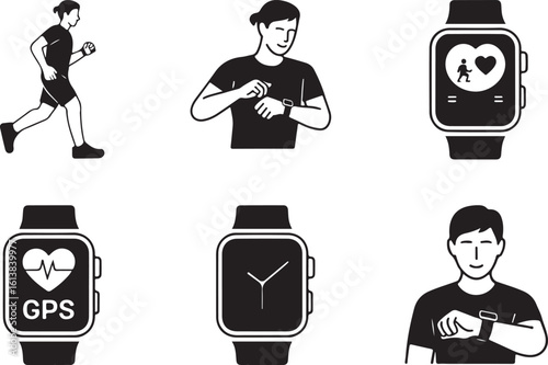 Running fitness tracker smartwatch icons set