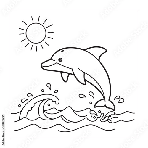 Happy Dolphin Jumping in the Ocean, Summer Coloring Page


