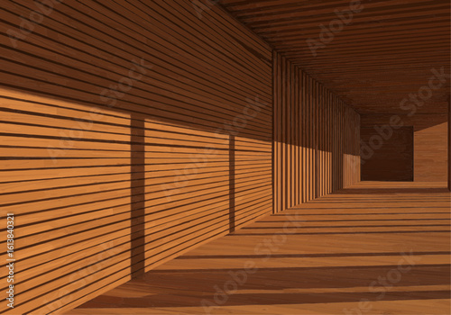 Sunlit wooden corridor with geometric shadows, showcasing intricate slatted walls and receding perspective.