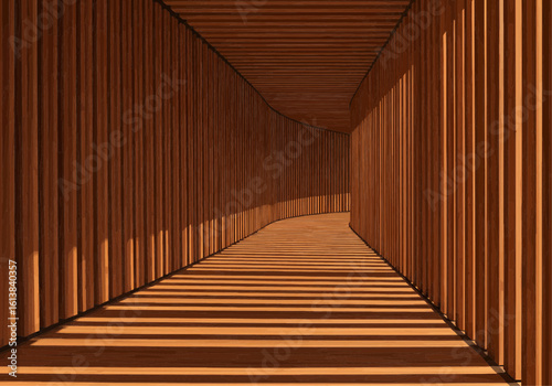 A long, curved corridor with vertical wooden slats and sunlight casting shadows.
