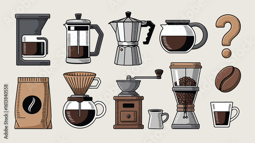 Coffee making equipment and ingredients illustrated coffee maker french press