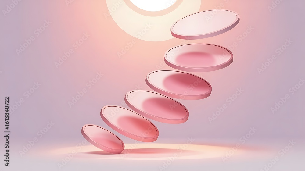 Fototapeta premium Abstract Gradient Background with Floating Pink Disks and Circular Light Source Ideal for Modern Design Projects